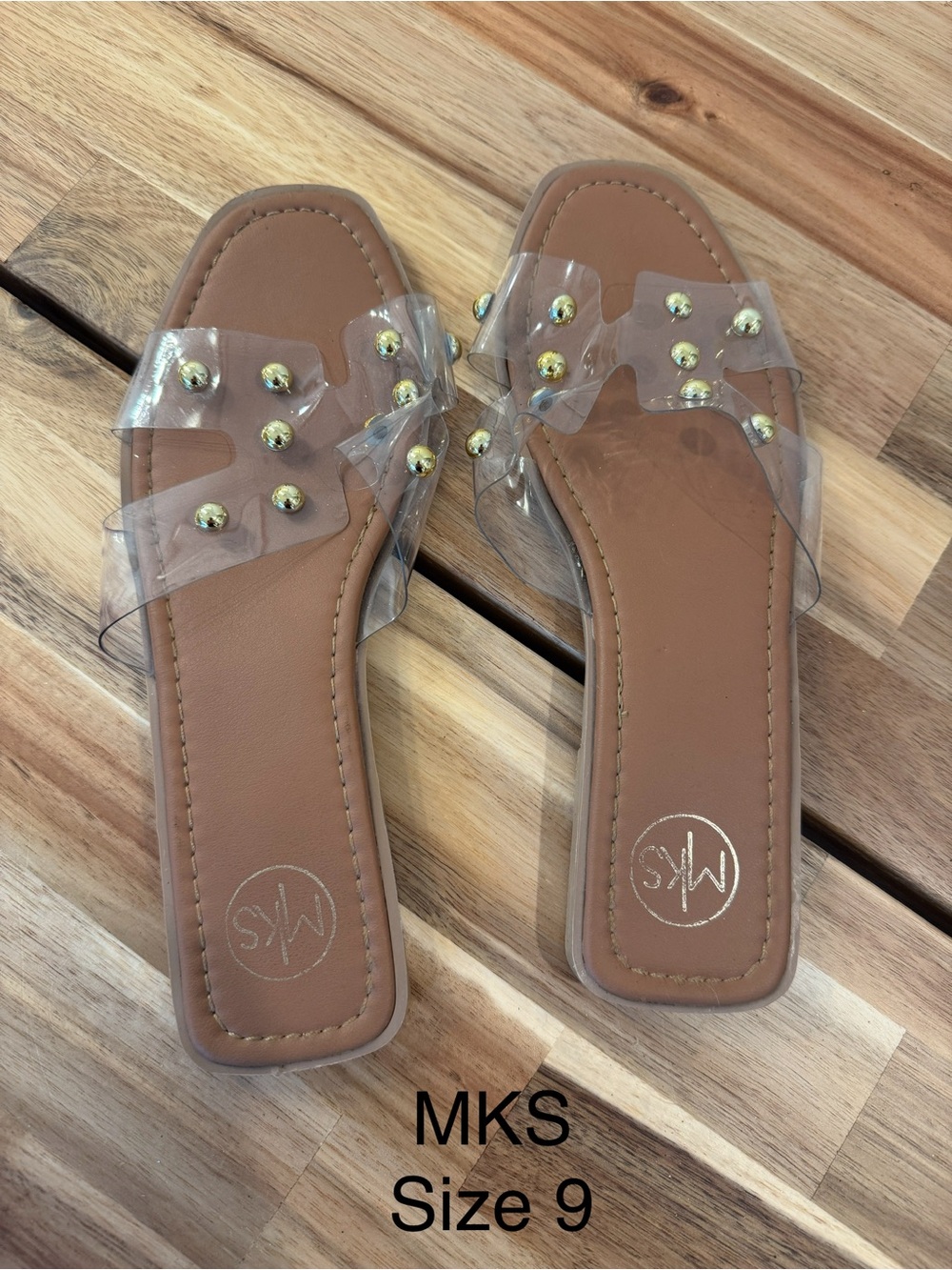 MKS Clear Slide Sandals with Gold Studs - Brown
